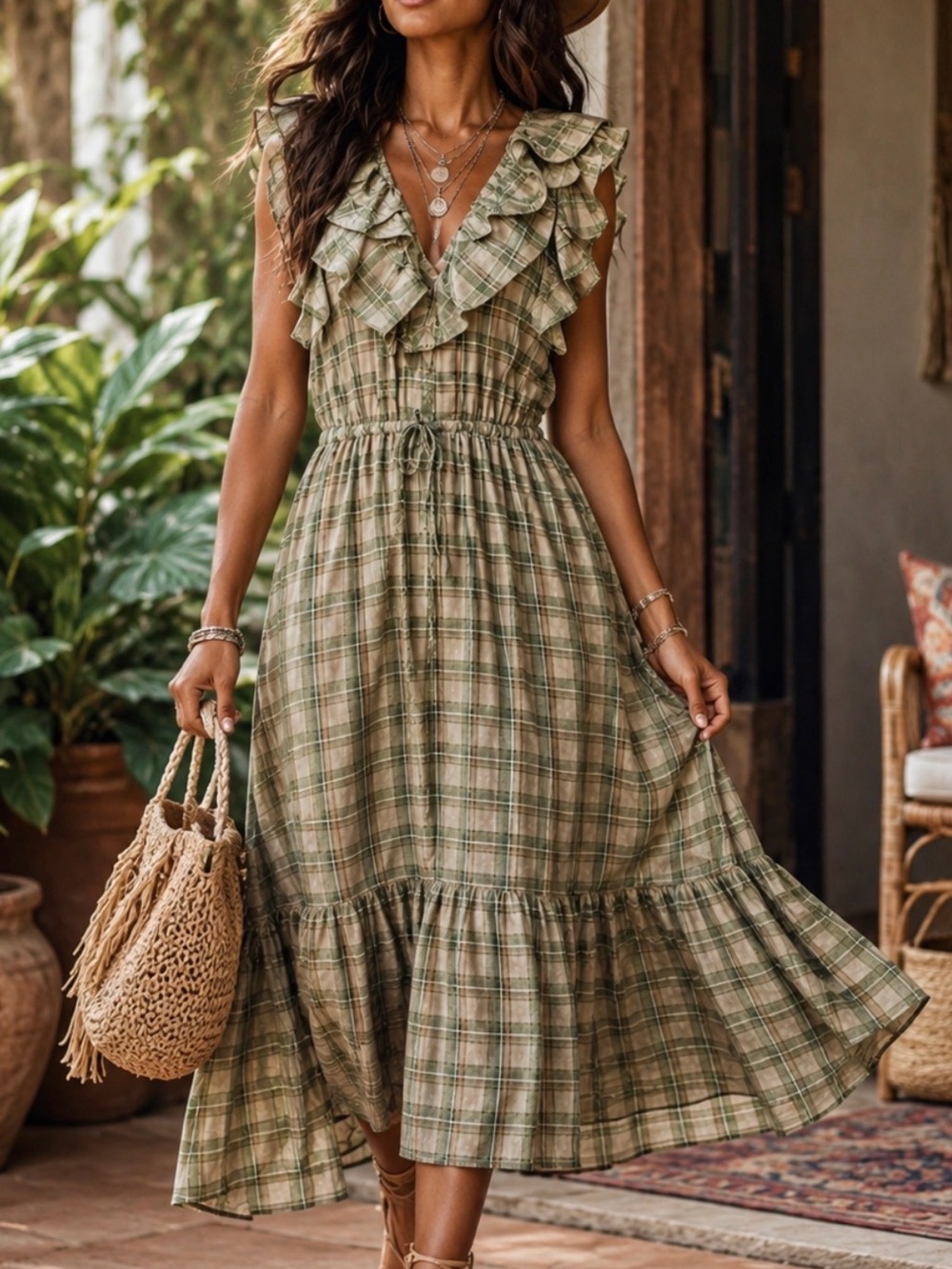 Grade & Gather Plaid Ruffle V-Neck Tiered Midi Dress Boho Cottagecore Sage Green